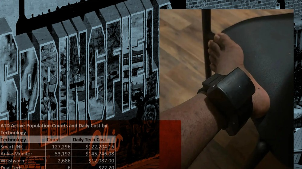 A man wearing an ankle monitor; a chart showing the total spending on ankle monitors; a mural that says Springfield, Ohio