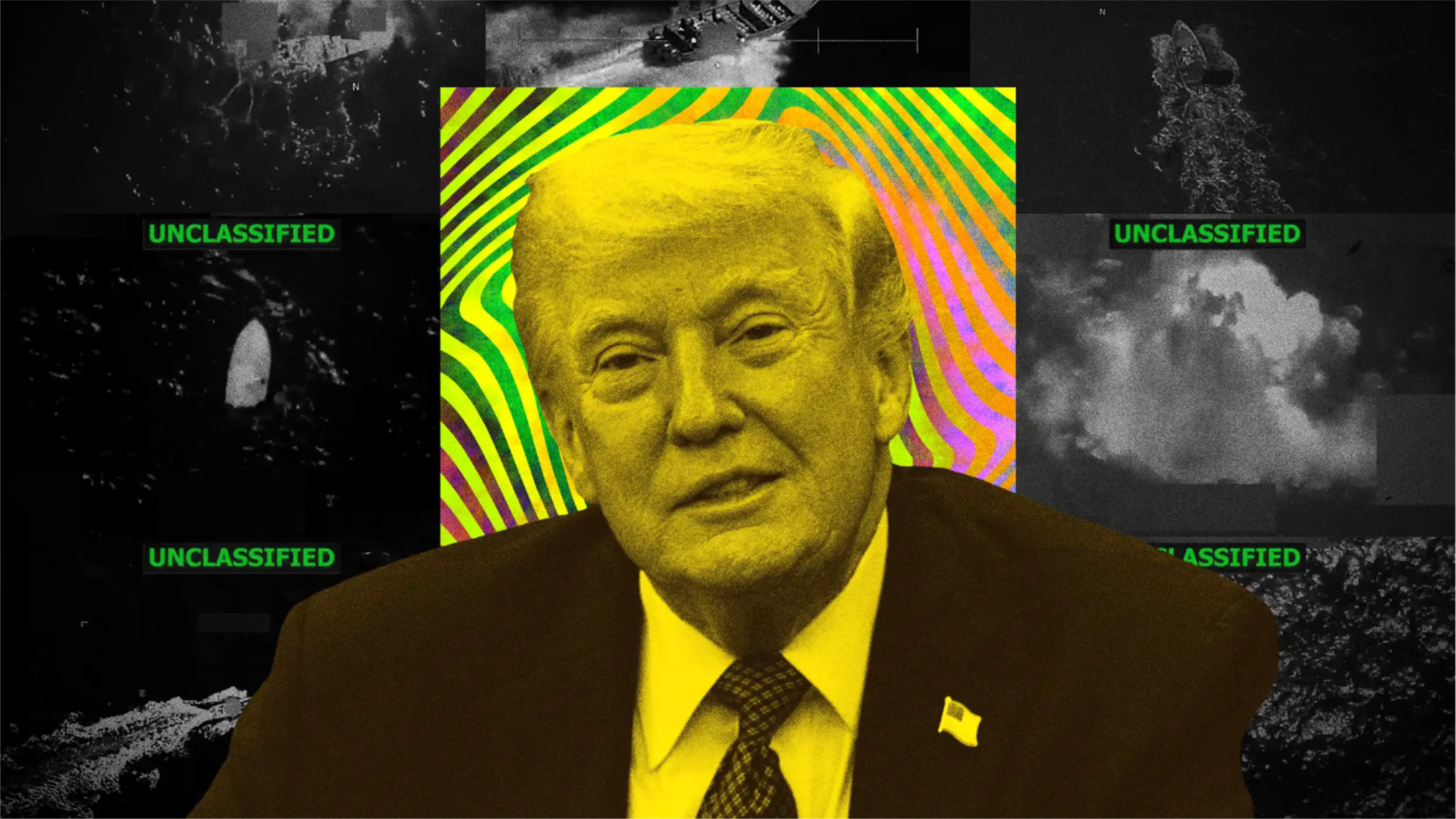 Photo illustration of President Donald Trump with attacks on alleged drug boats