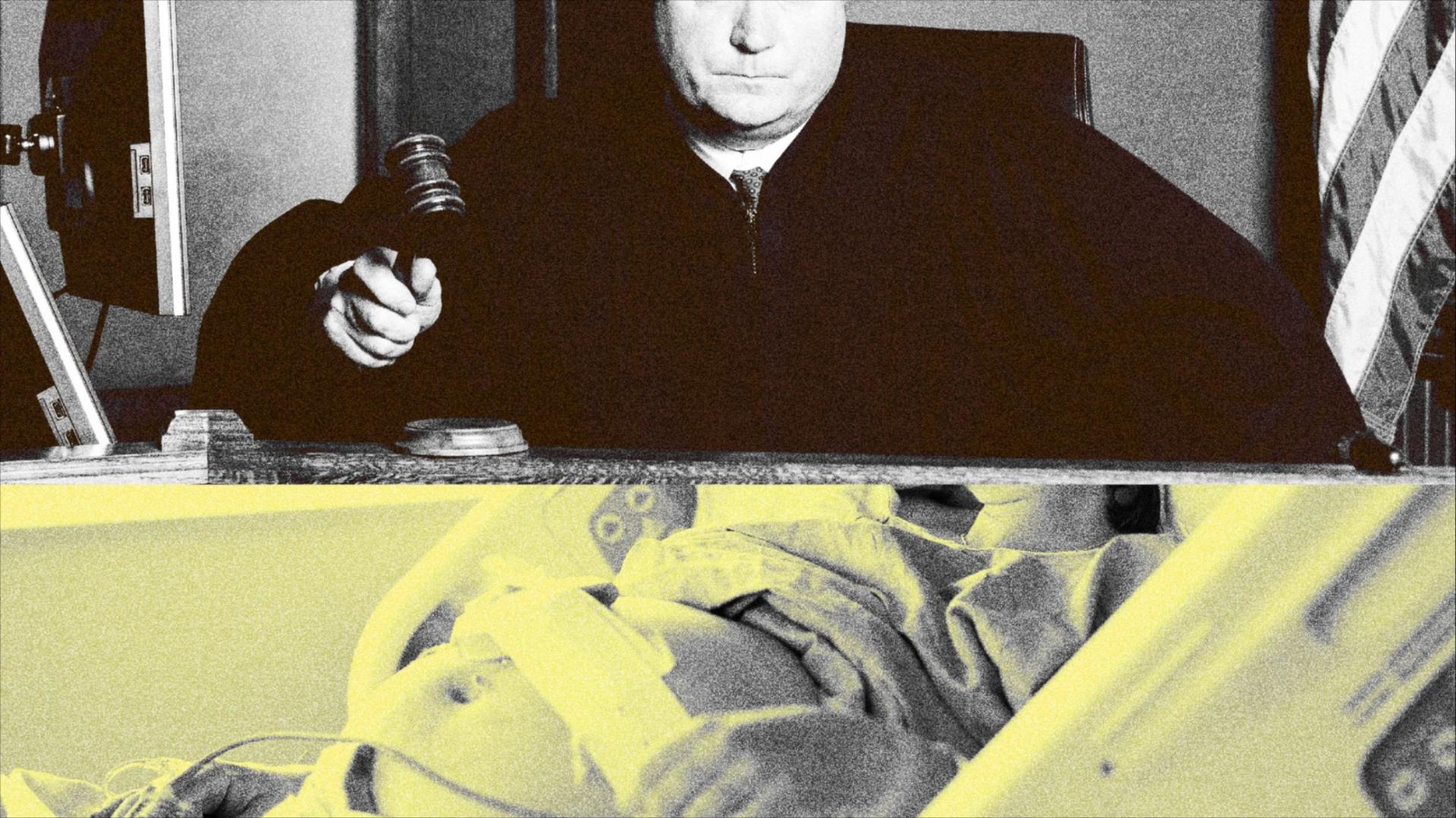 Photo illustration of a judge looming above a pregnant woman in a hospital bed