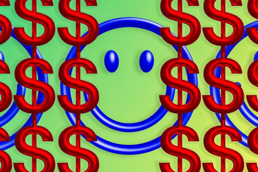 Red dollar signs surround a blue smiley face in an illustration about money and voter sentiment ahead of the midterms.