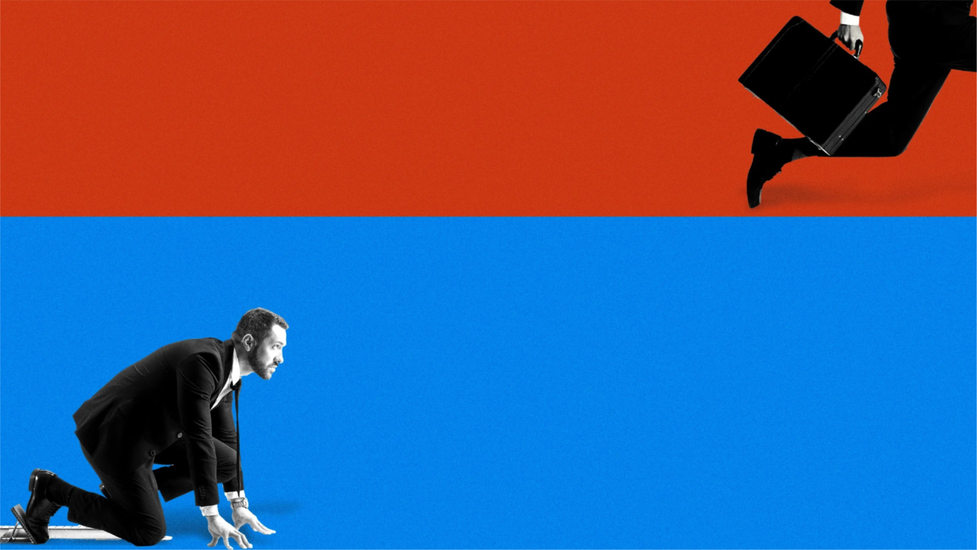 Photoillustration of a businessman crouched at a starting line below another businessman running with a briefcase against a split blue and red background.