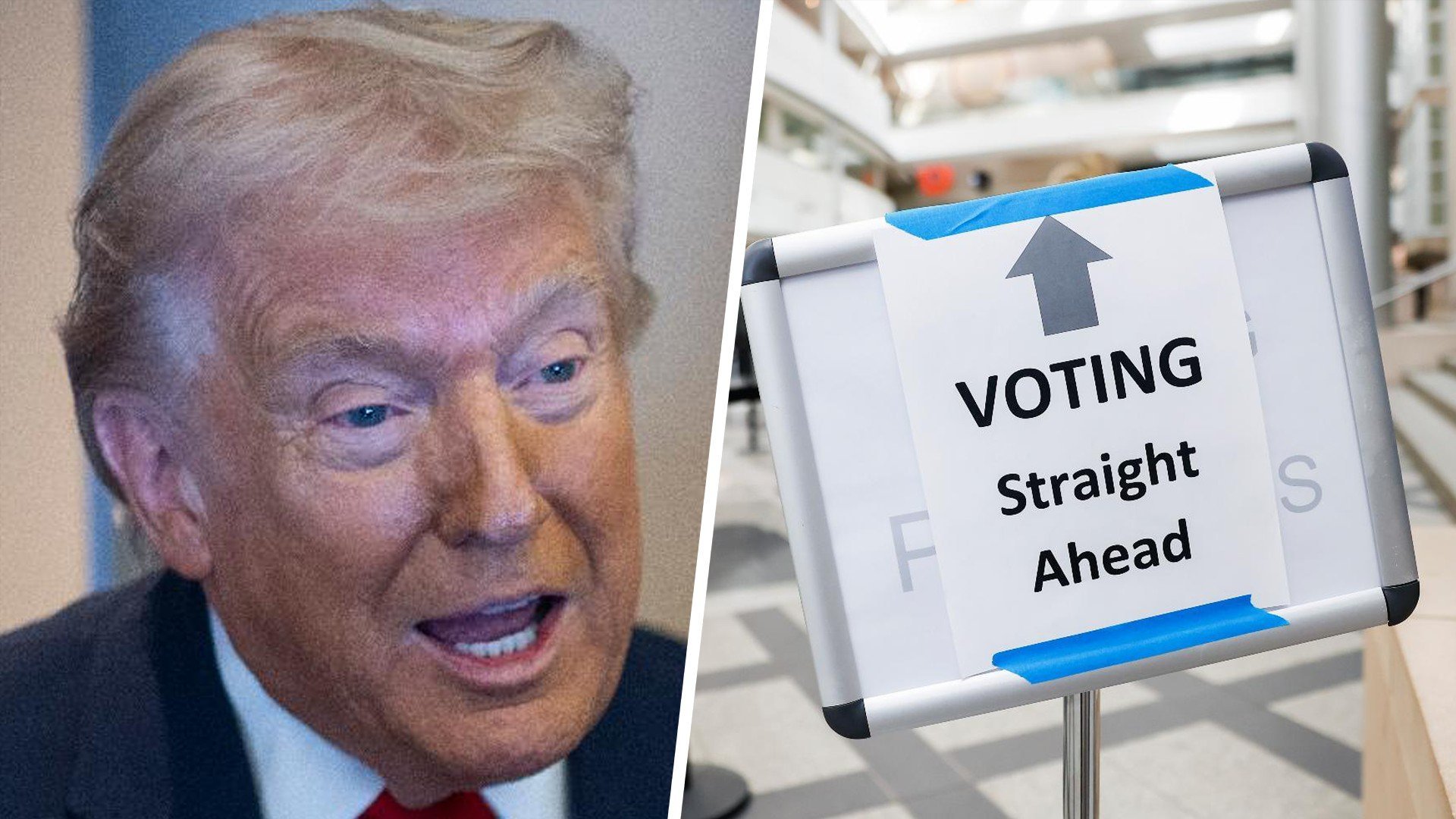  Donald Trump and voting ‘straight ahead’ sign 