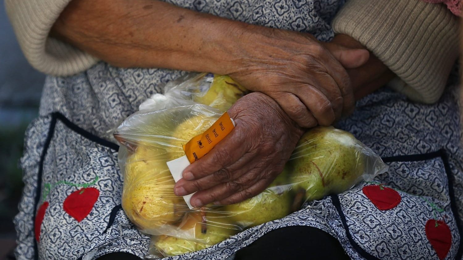 Older woman with a bag of fruit