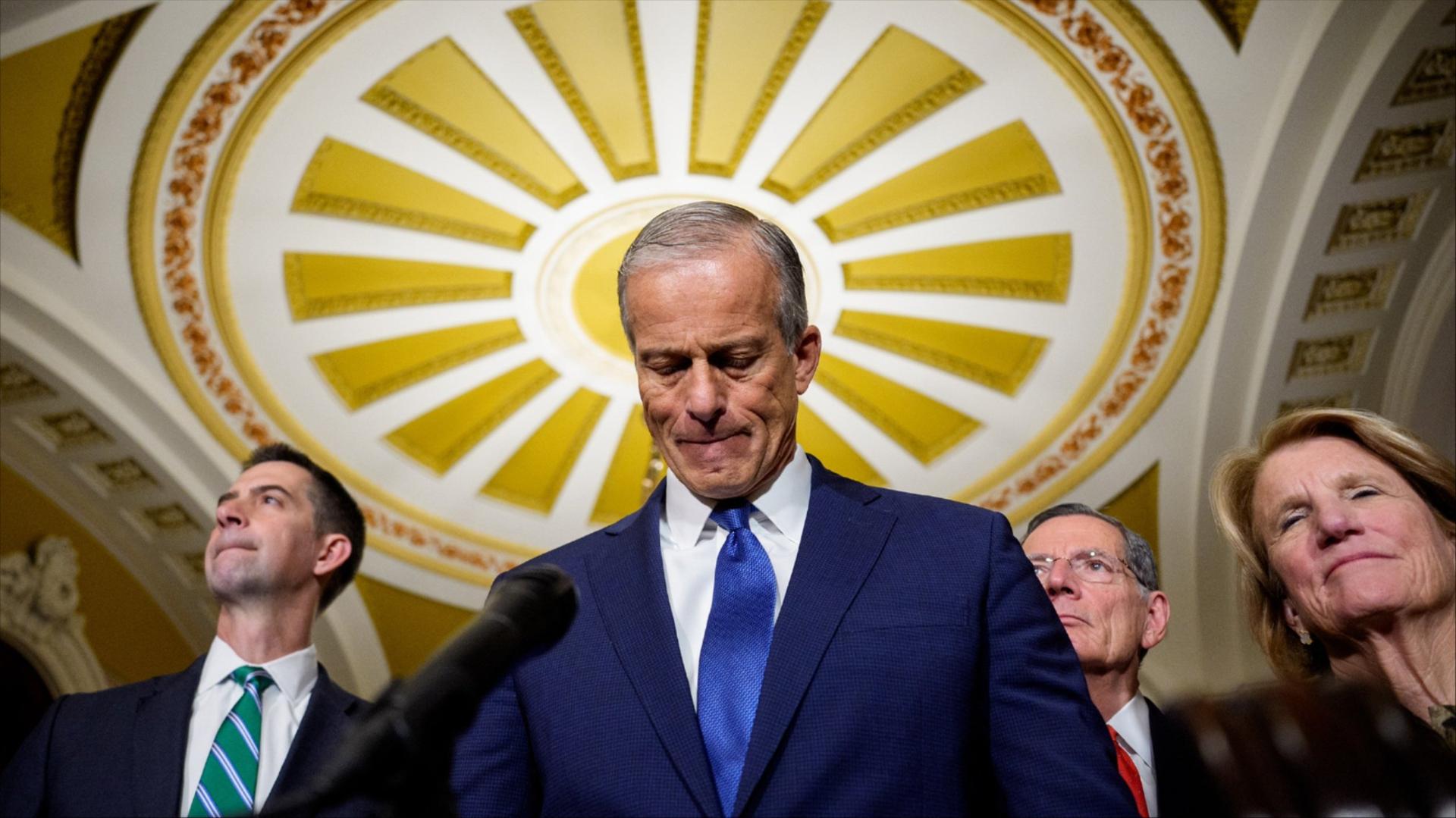 Tom Cotton, John Thune, John Barrasso and Shelley Moore Capito stand in the Capitol