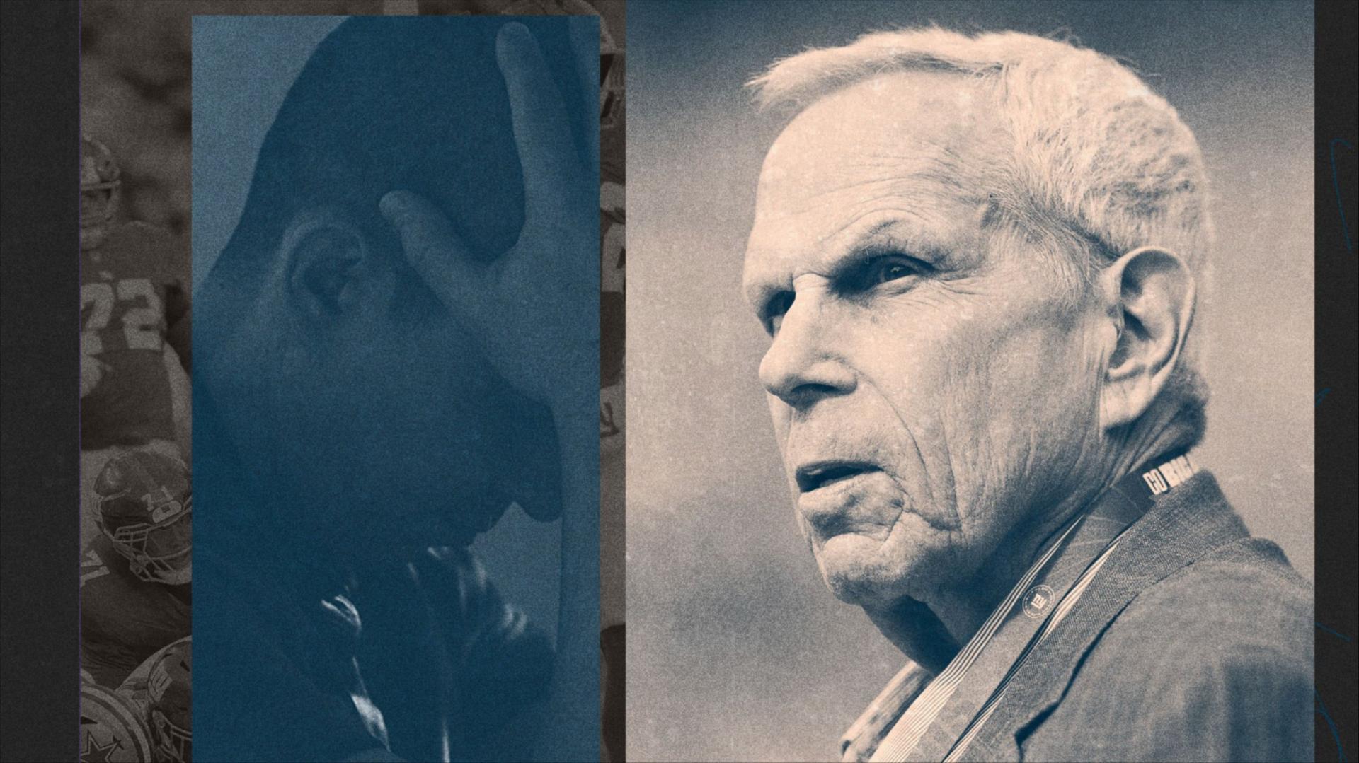 Photo illustration of Steve Tisch overlaid on an image of the Giants winning a game, next to a photo of a man with his head in hands