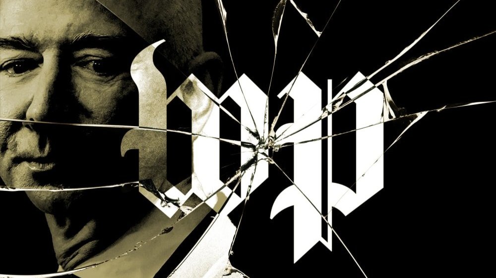 Photo illustration of Jeff Bezos and the Washington Post logo reflected in cracked glass