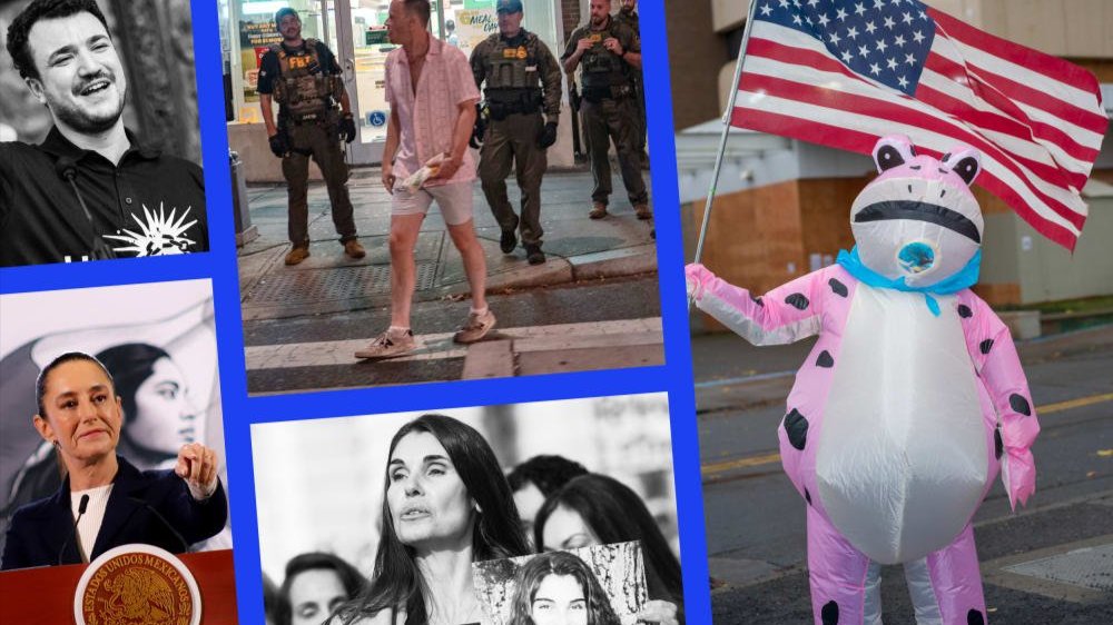 Mahmoud Khalil, Sean Charles Dunn, a demonstrator in a frog suit in Portland, Oregon, an Epstein survivor holds a picture of herself, and Mexican President Claudia Sheinbaum