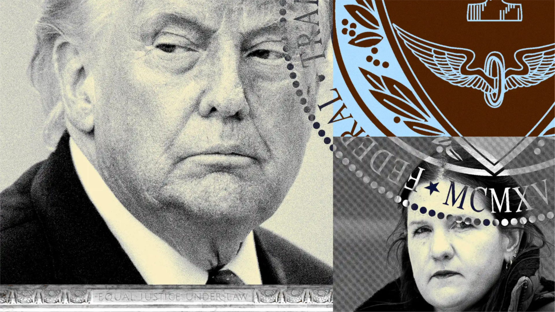 Photoillustration of Trump and FTC Commissioner Rebecca Slaughter overlaid with government seal imagery and the Supreme Court facade