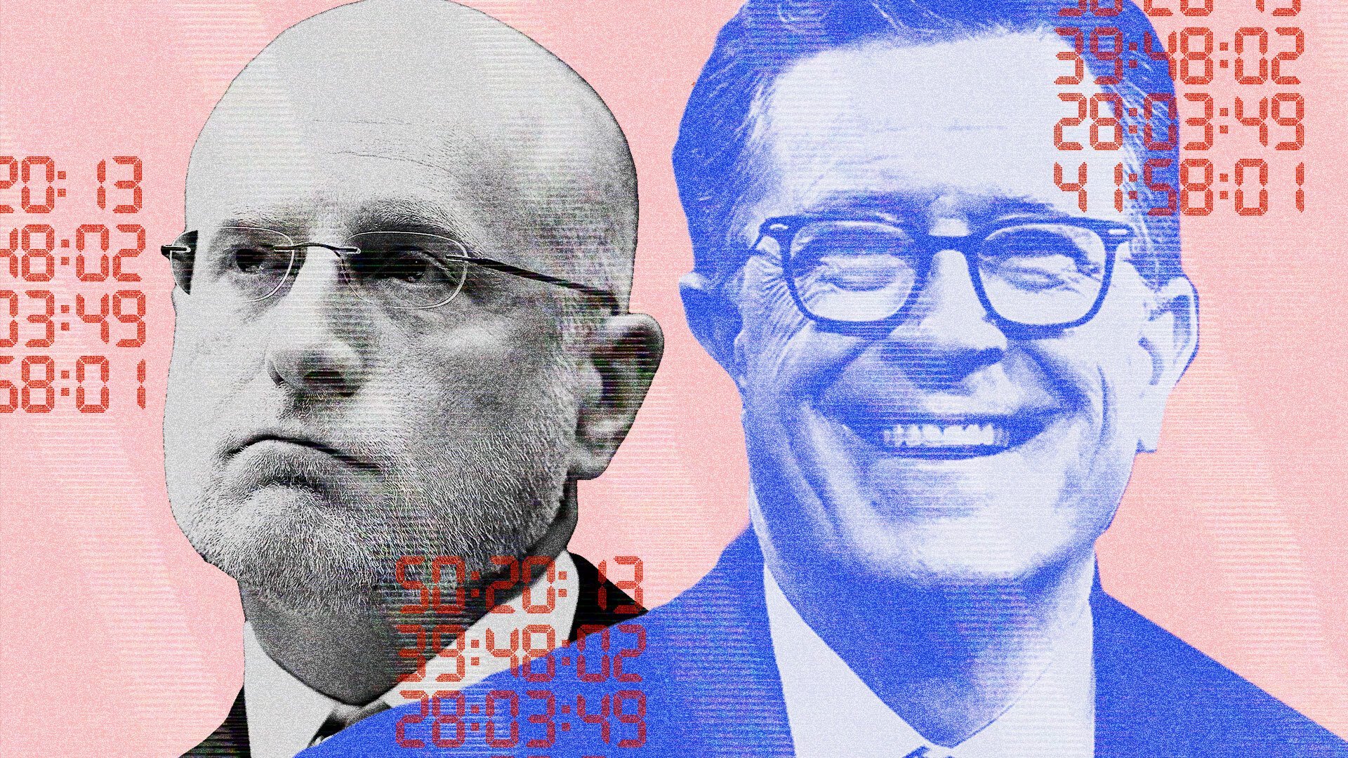 A photo illustration of Brendan Carr and Stephen Colbert