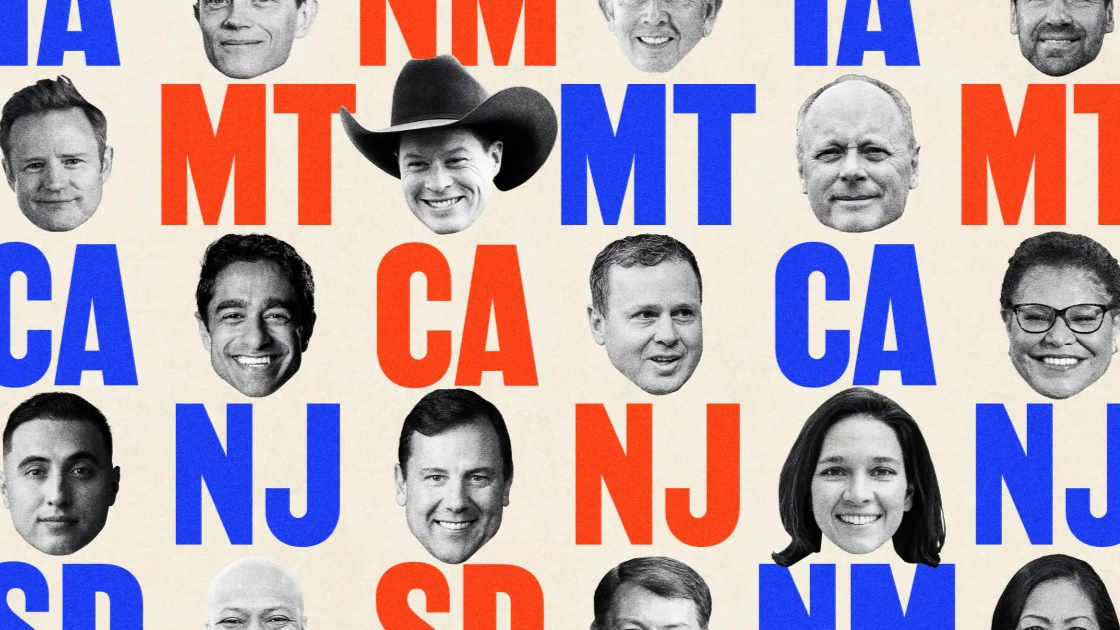 An illustration featuring photos of primary election candidates