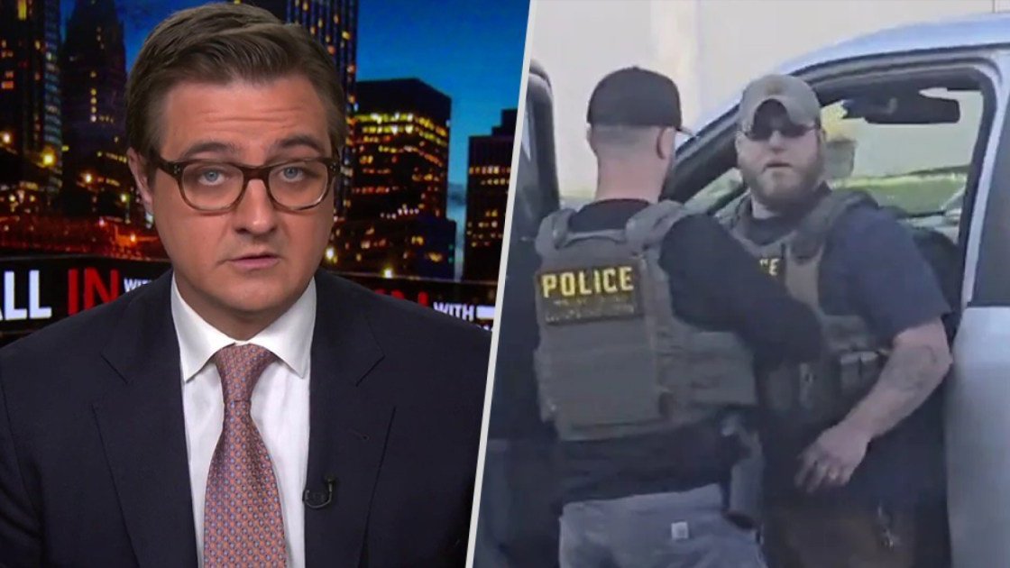 Chris Hayes and a screenshot of an ICE officer