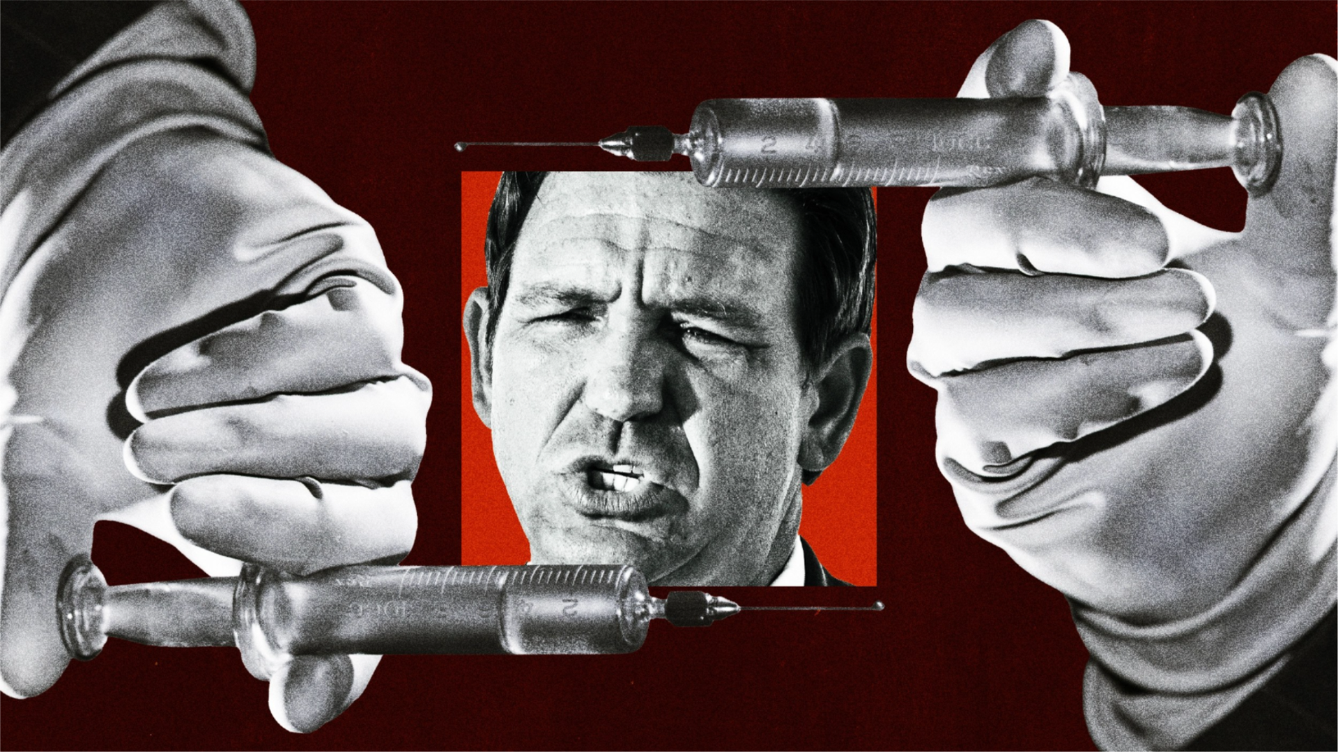 Ron DeSantis appears between two syringes in an illustration about Florida's planned double execution
