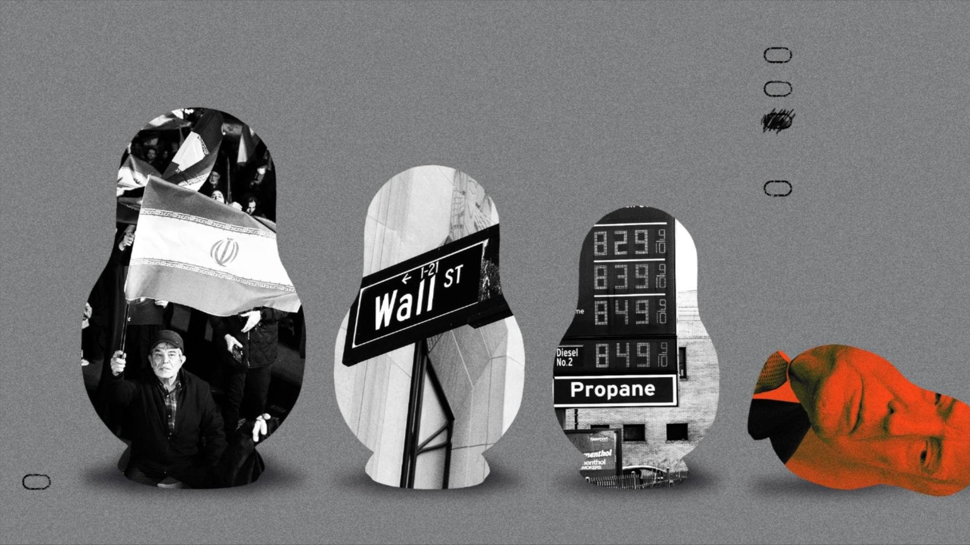 Photo illustration of matryoshka dolls lined up, filled with different images, one of protests in Iran, one of Wall Street, one of high gas prices, and the final one filled with a photo of Trump in red and knocked over.