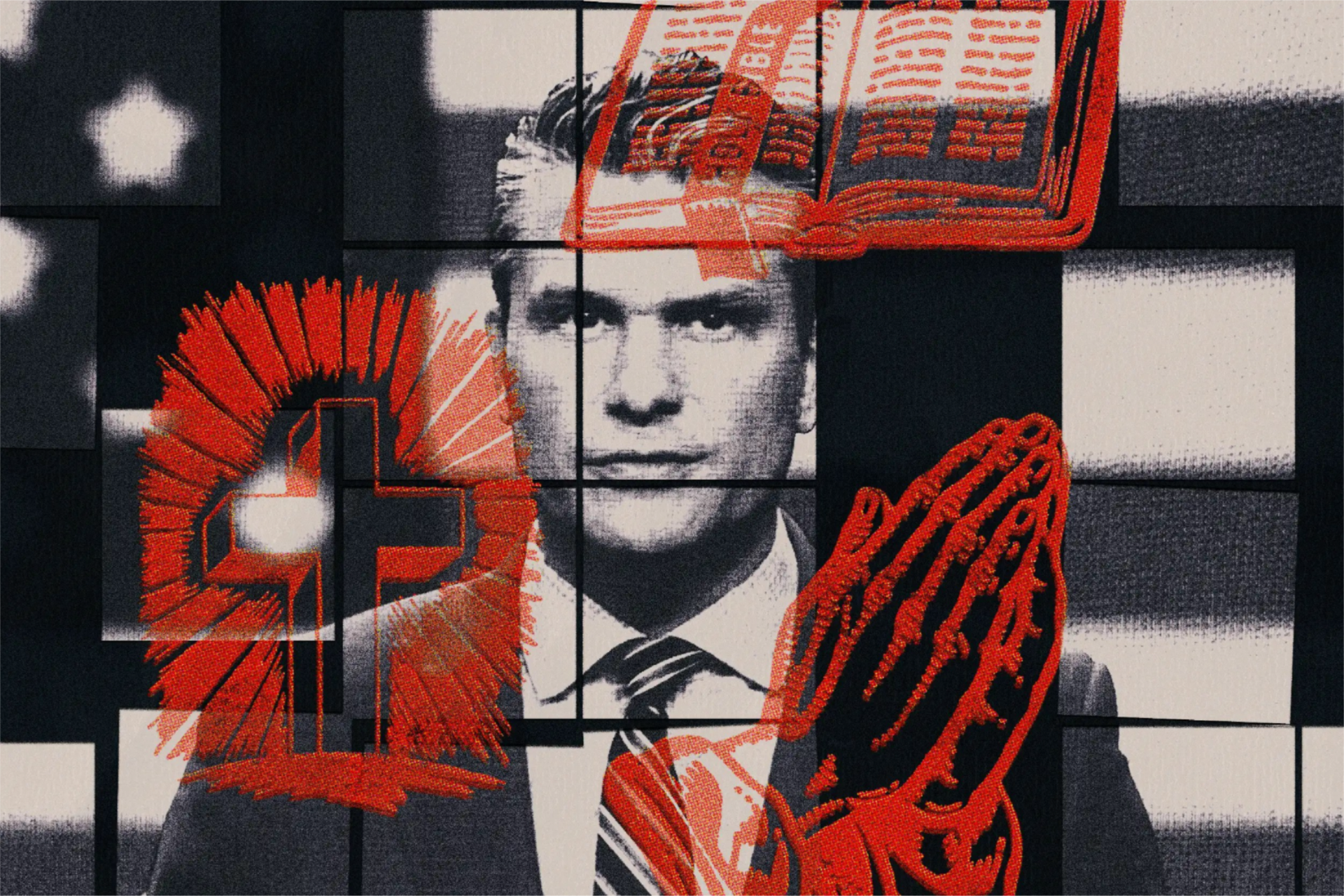 Photoillustration of a black-and-white portrait of Pete Hegseth overlaid with red Christian symbols, including a cross, a halo, a Bible and praying hands.