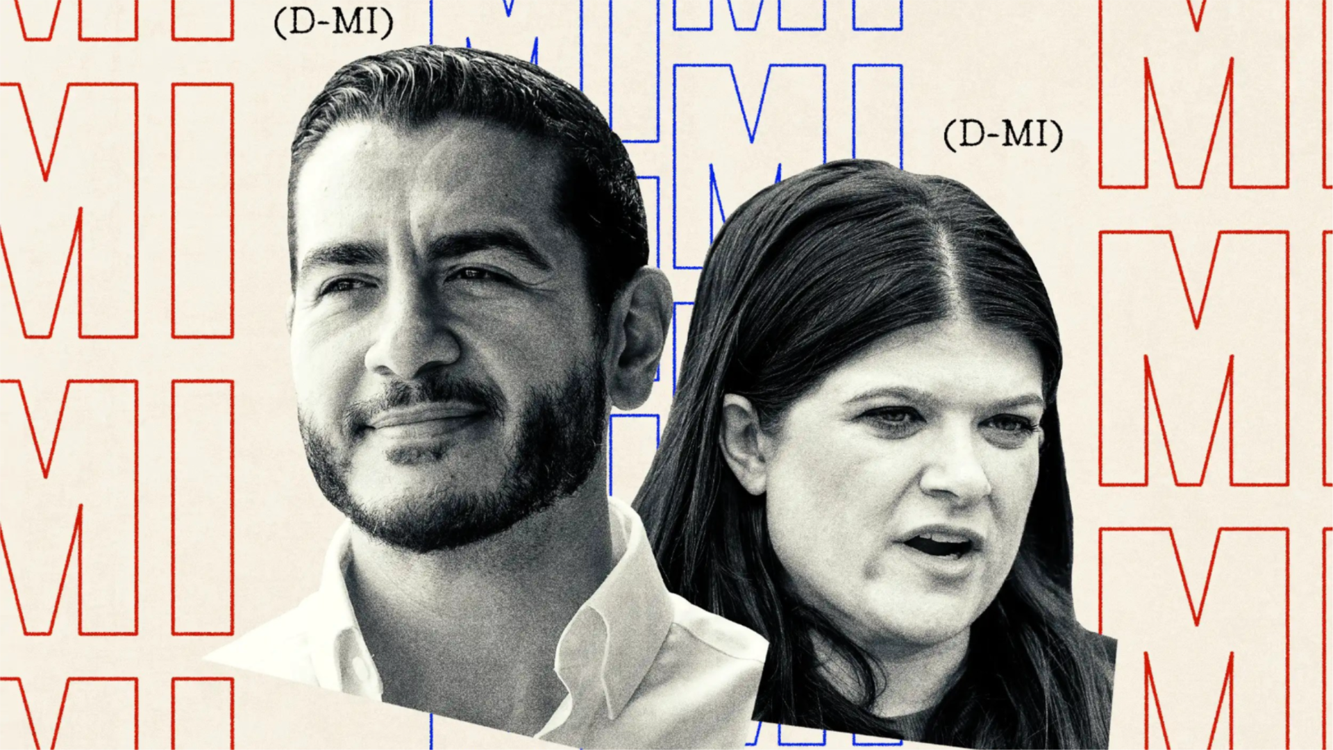 Abdul El-Sayed and Haley Stevens appear against a Michigan-themed backdrop in an illustration about the Democratic Senate primary.
