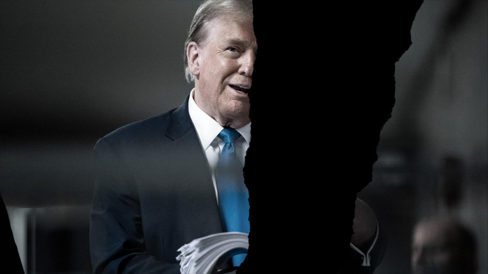 A photo illustration that rips a photo of Donald Trump holding a stack of papers.