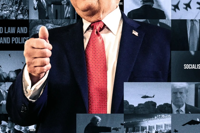 Donald Trump gives a thumbs-up amid stills from advertisements featuring military aircraft, law enforcement and campaign-style imagery.