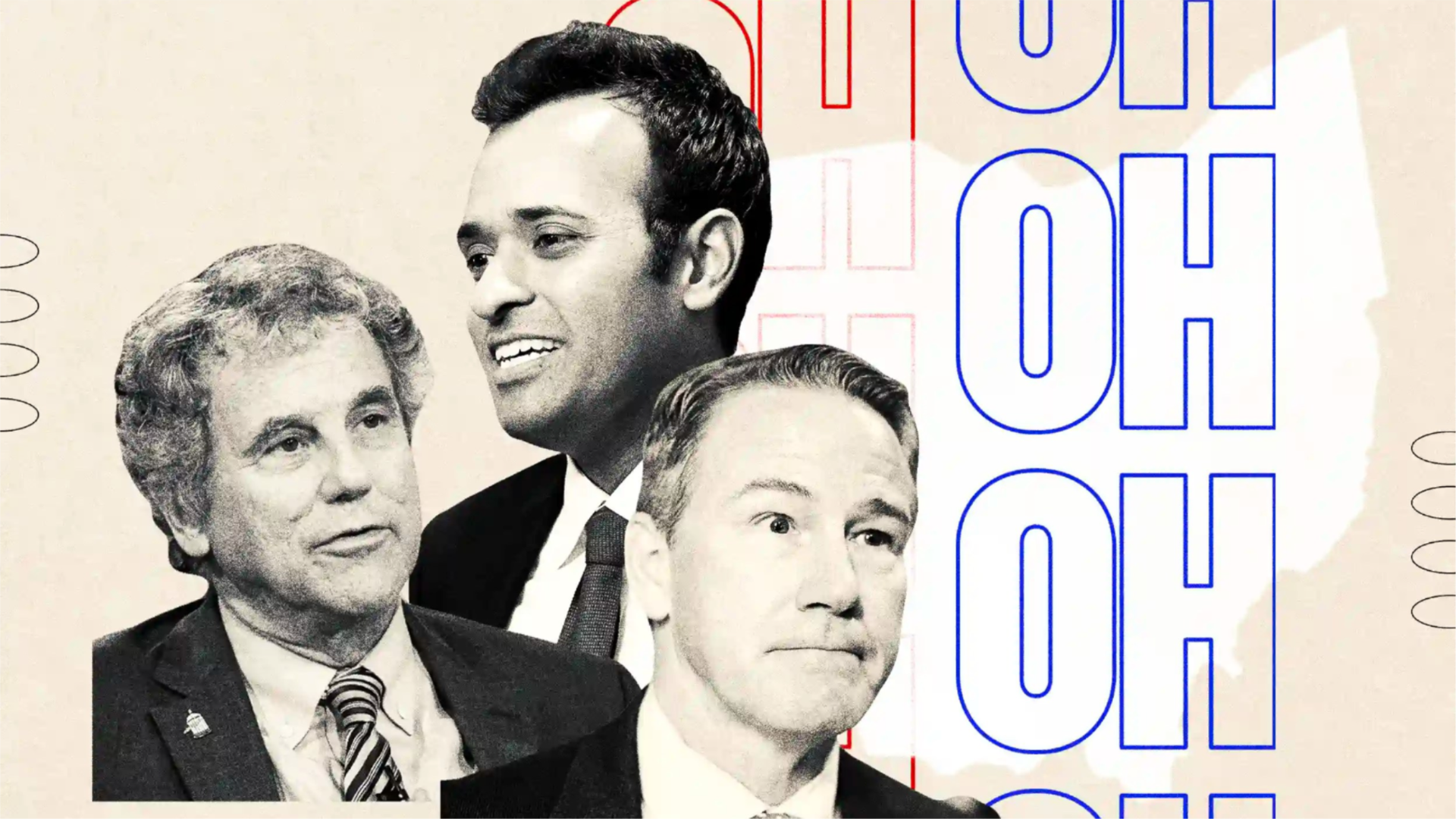 Graphic of Sherrod Brown, Vivek Ramaswamy and Jon Husted