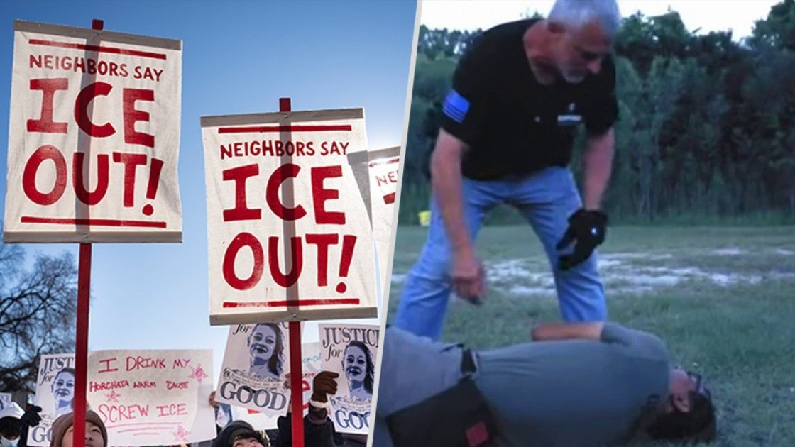 “ICE out” signs and a picture of an ICE officer
