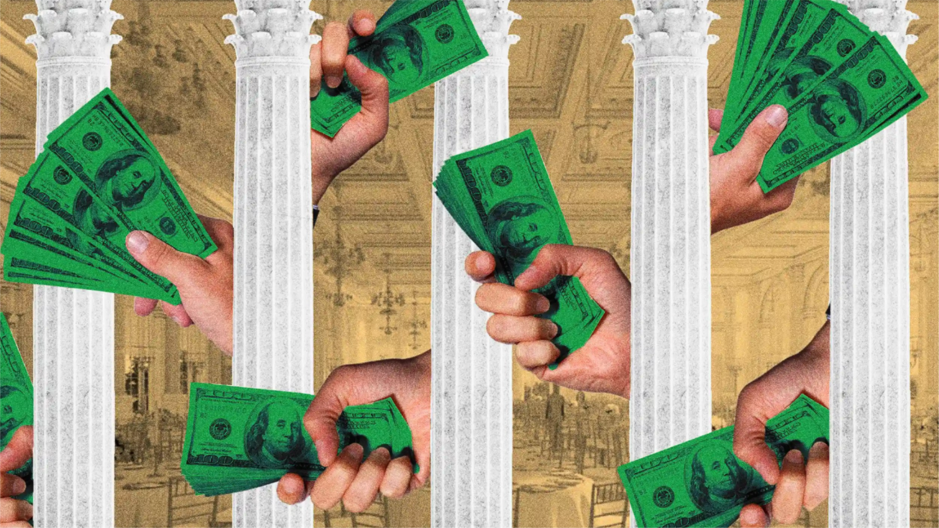 Photo illustration of repeated hands holding stacks of U.S. dollar bills in front of white classical columns