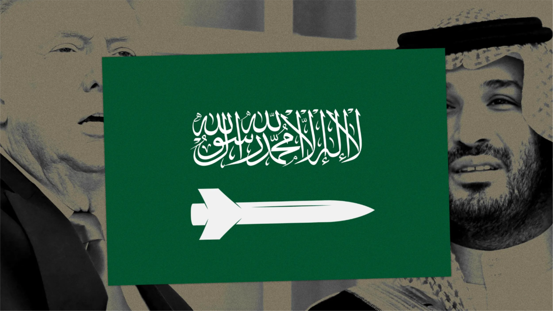 Photoillustration of Donald Trump and Saudi Crown Prince Mohammed bin Salman behind a Saudi flag bearing a missile symbol.