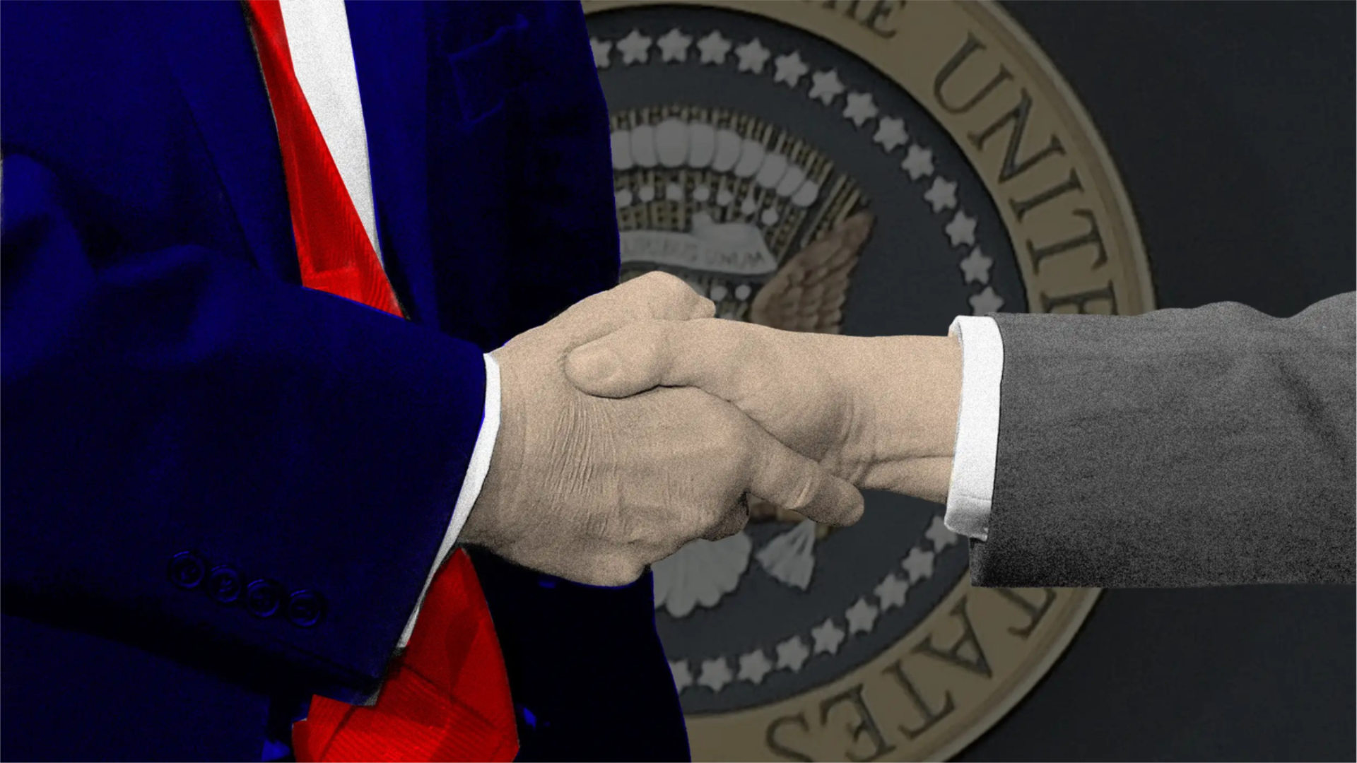 A closeup of Trump shaking hands in front of the presidential seal