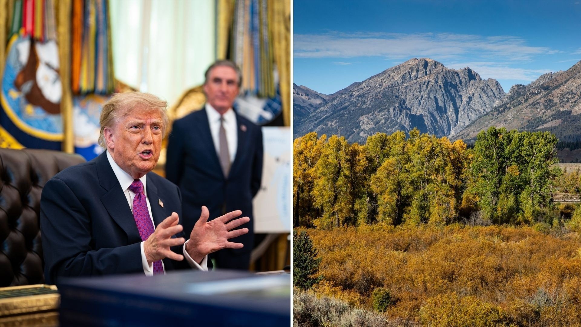 An image of Donald Trump and Interior Secretary Doug Burgum next to a photo of Yosemite National Park