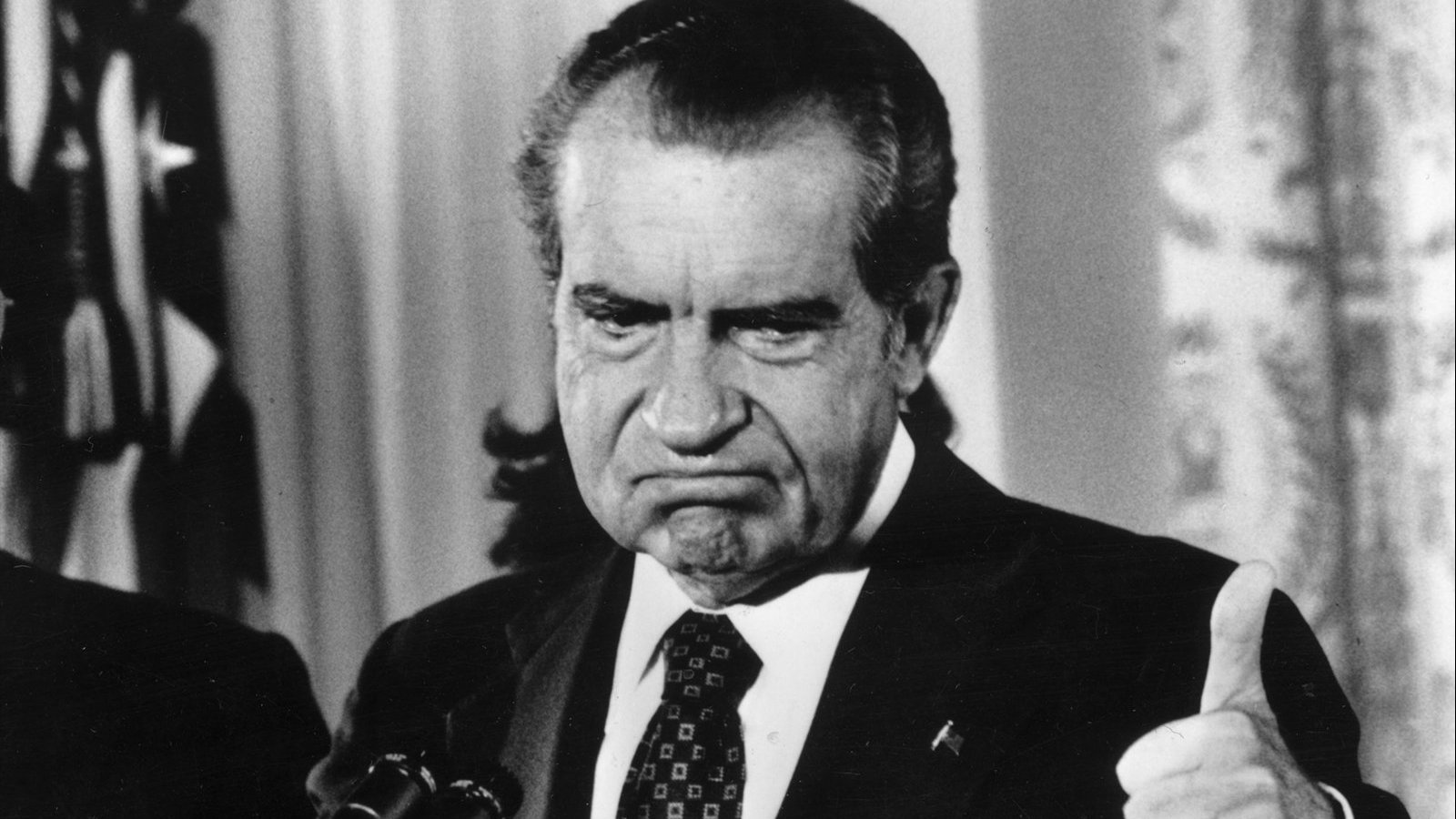 Richard Nixon gives the thumbs up after his resignation as 37th President of the United States.