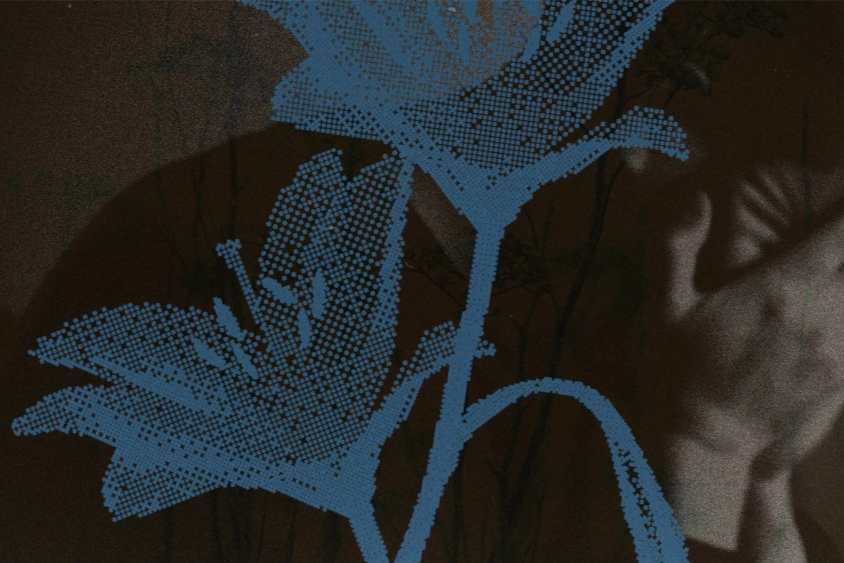 Photo illustration of a person sitting curled up with their head in their hands, overlaid by two blue halftone lilies.