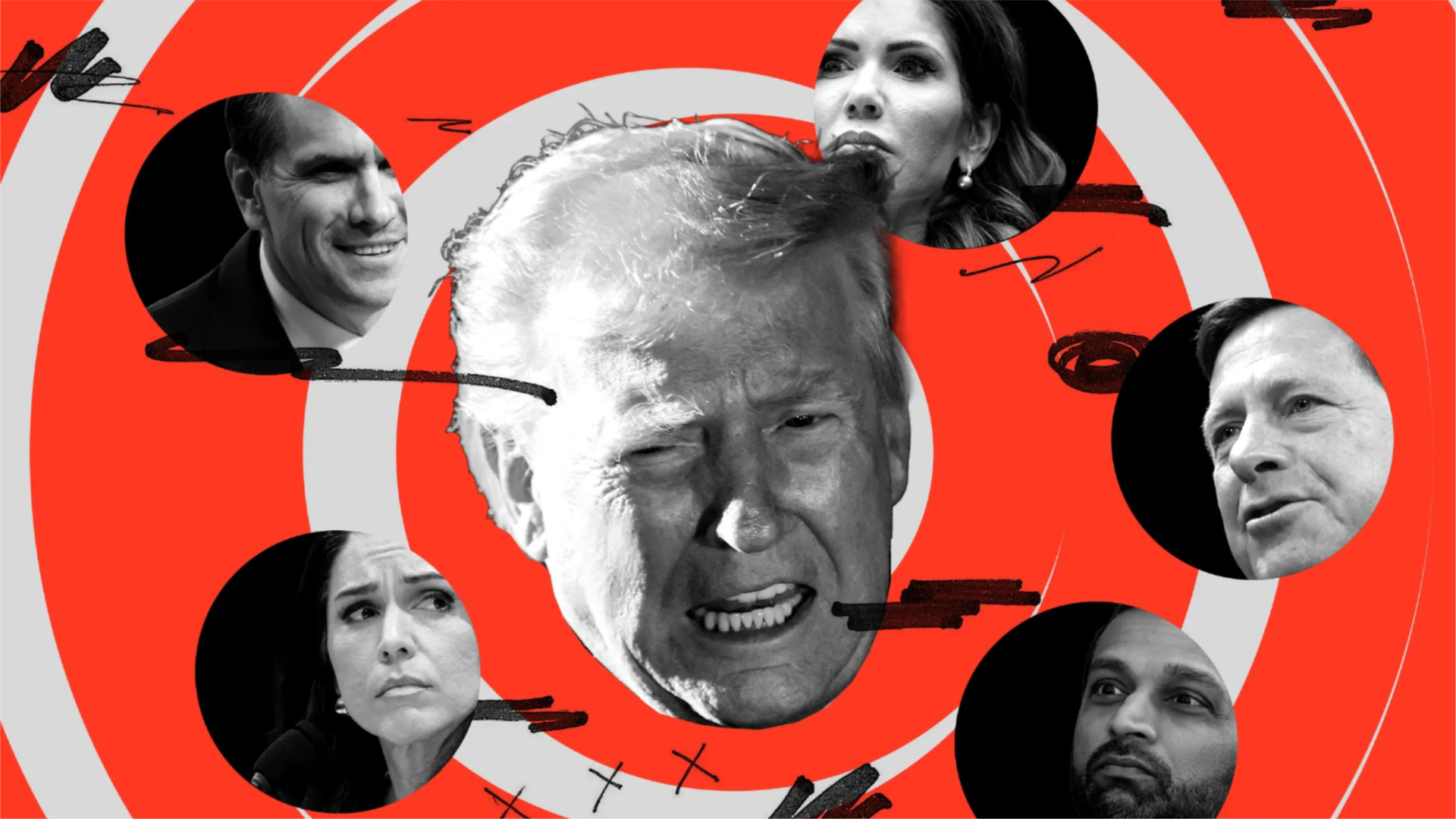 An illustration of Trump administration officials circling an angry Trump