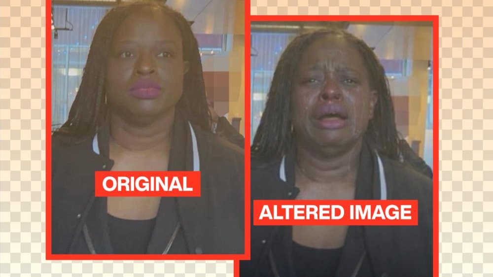 The original photo of Nekima Levy Armstrong being arrested (left), and the manipulated image posted by the White House X account