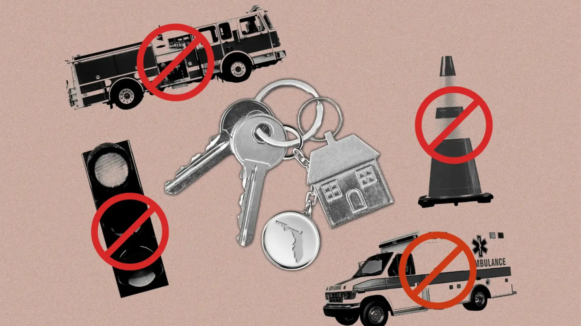 A graphic showing various public services, including a fire engine and an ambulance, with “no” signs on them surrounding a set of house keys.