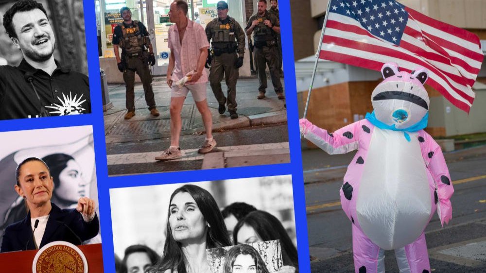 Mahmoud Khalil, Sean Charles Dunn, a demonstrator in a frog suit in Portland, Oregon, an Epstein survivor holds a picture of herself, and Mexican President Claudia Sheinbaum