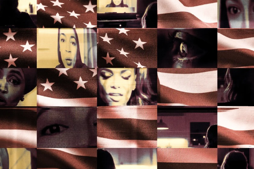 America Next’s ad appears in a collage of Alexandria Ocasio-Cortez, Ilhan Omar, Sunny Hostin and American flags.
