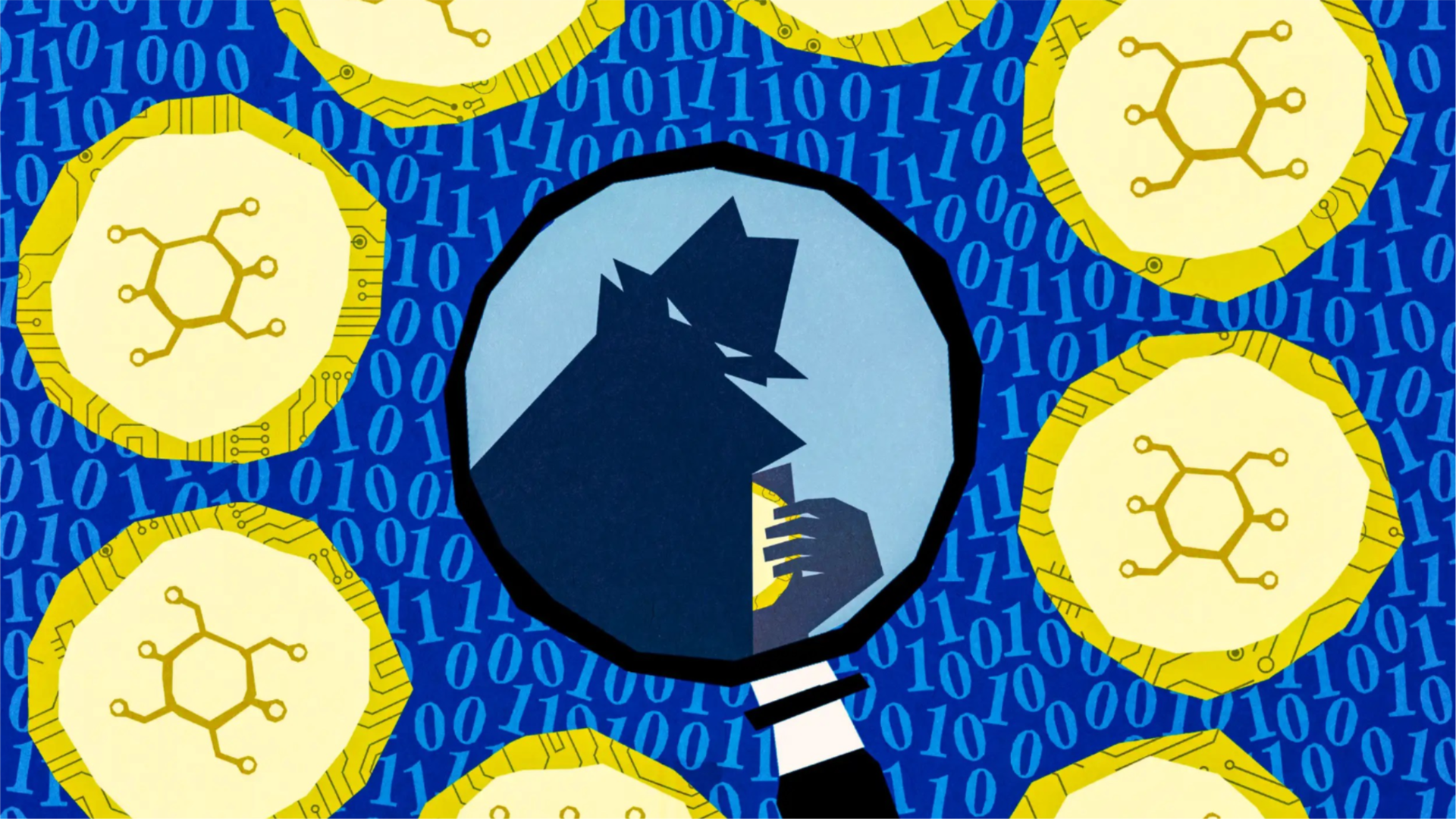 CLARITY Act illustration shows a shadowy figure under a magnifying glass amid crypto coins and binary code.