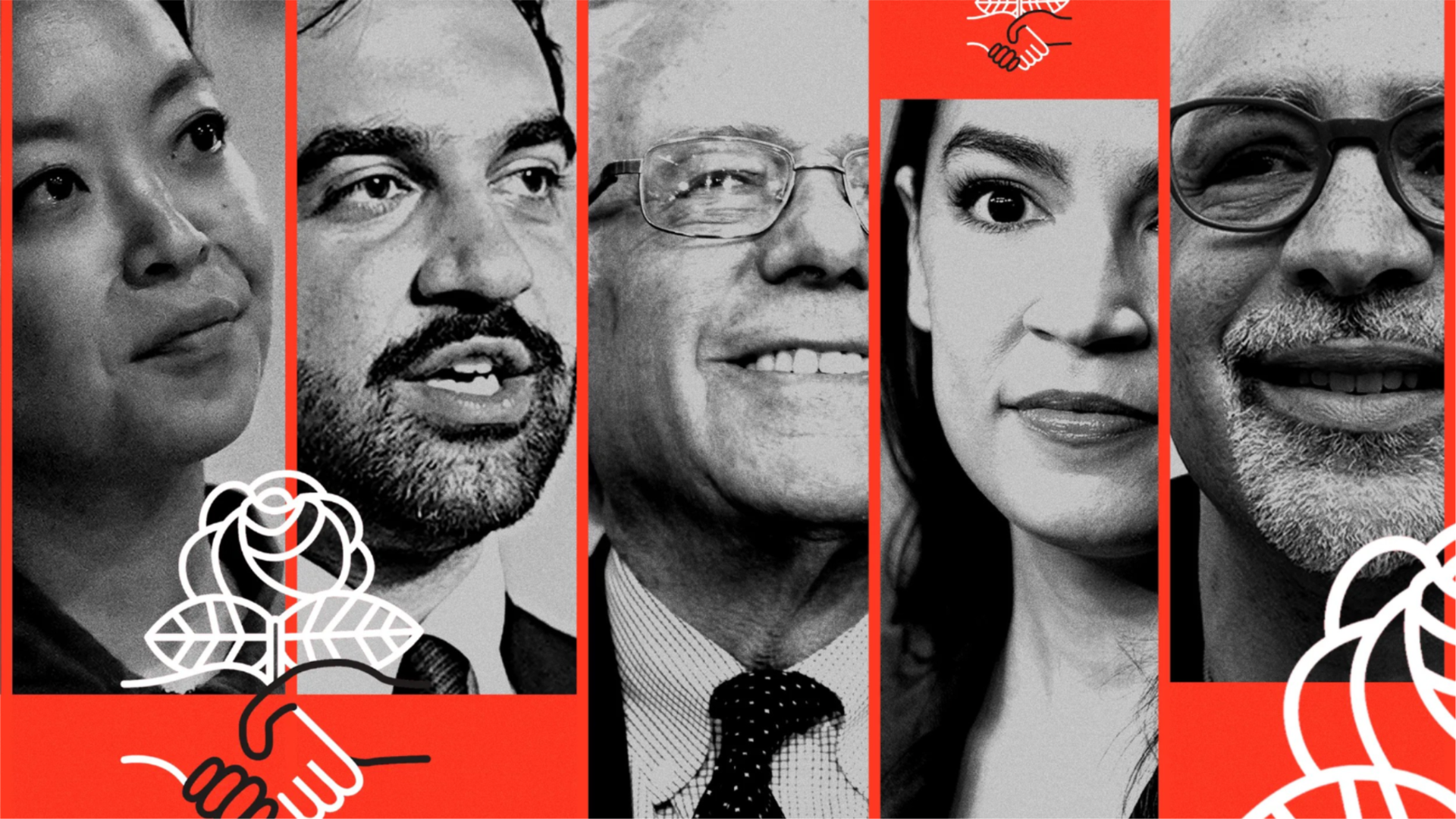From left: Francesca Hong, Zohran Mamdani, Bernie Sanders, Alexandria Ocasio-Cortez, Chris Rabb.
