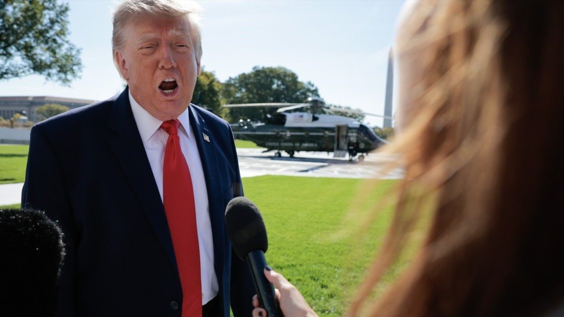 Trump speaking aggressively in front of a reporter