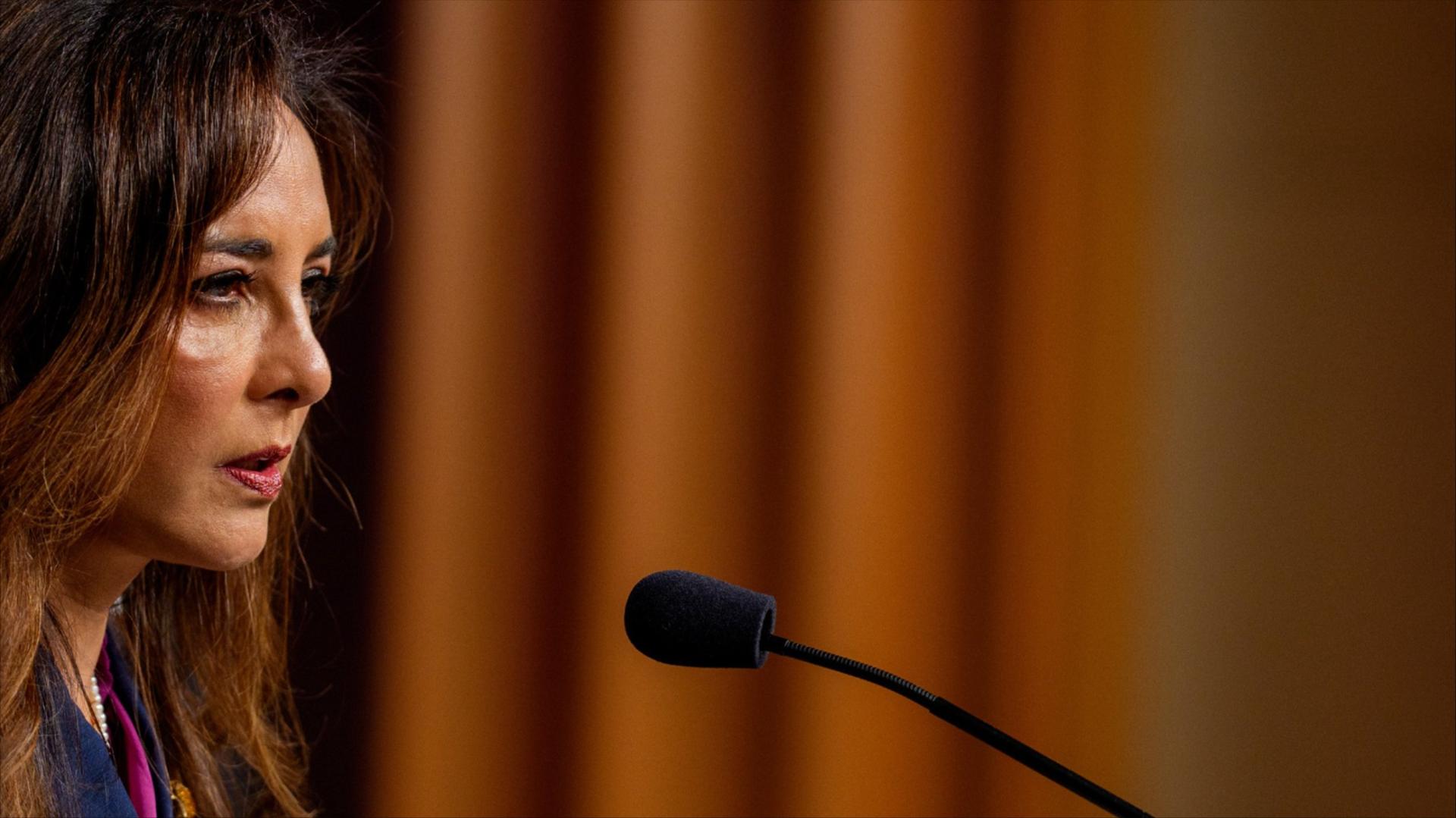 Harmeet Dhillon speaks during a news conference