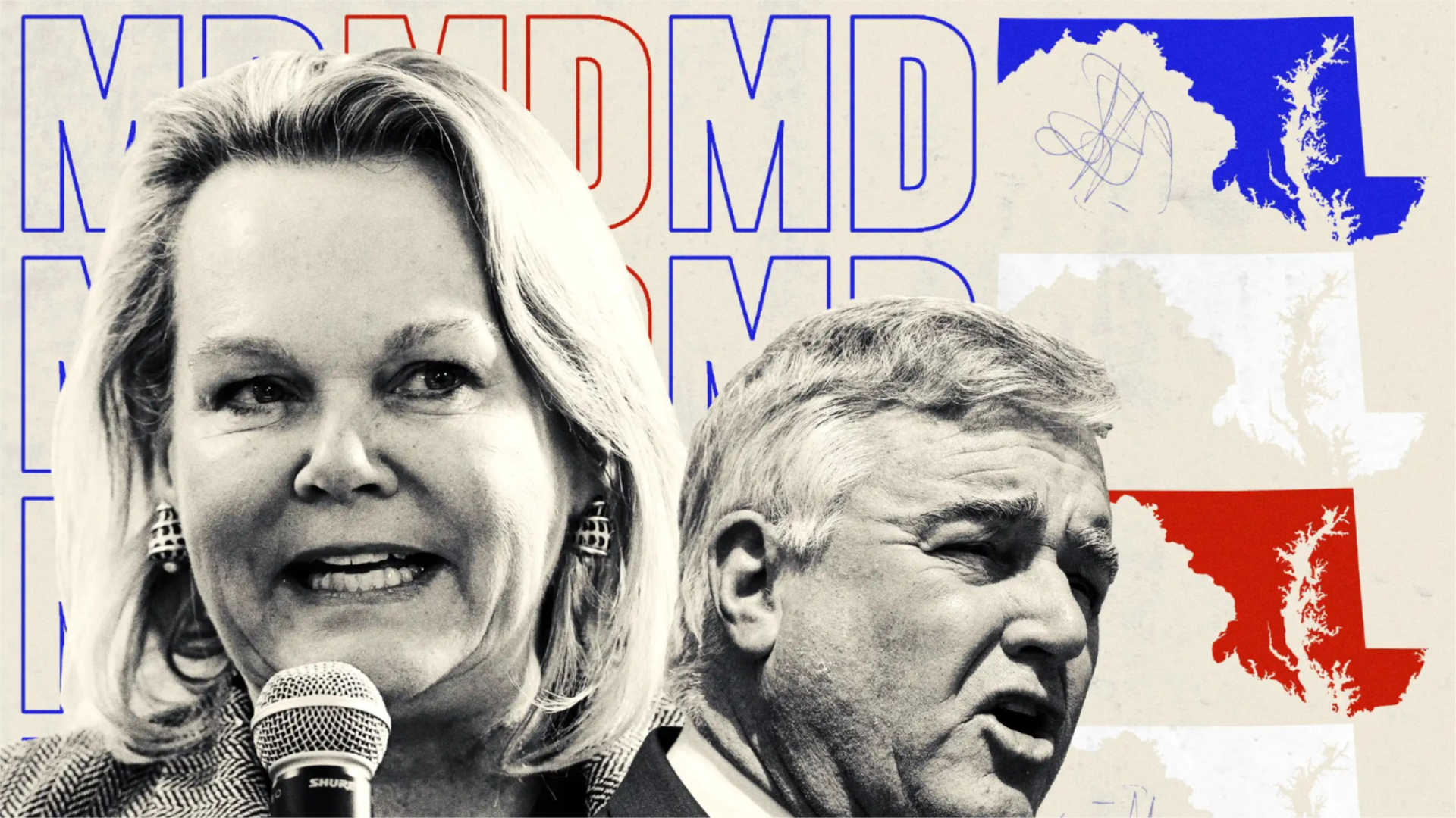 April McClain Delaney and David Trone appear in an illustration for Maryland's House primary.