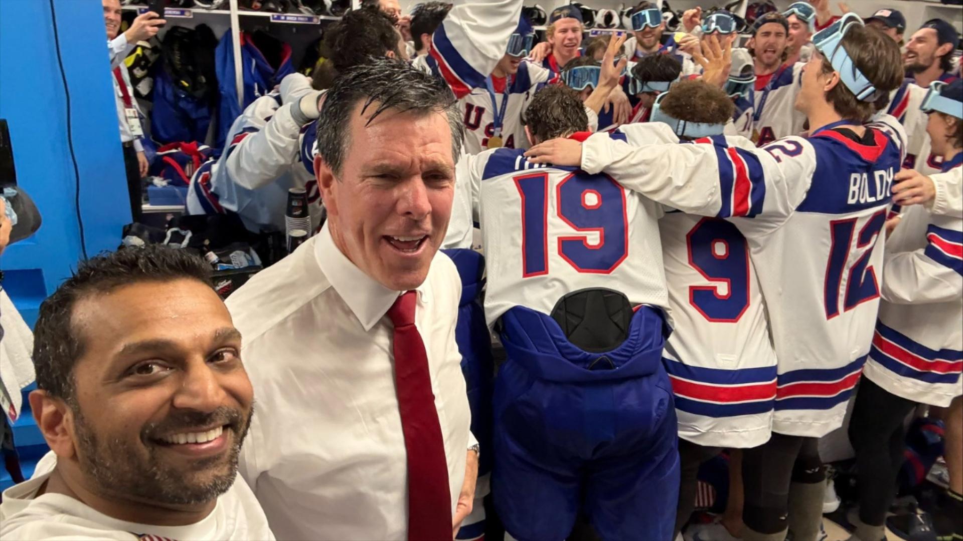 Kash Patel in a locker room with Team USA’s hockey athletes