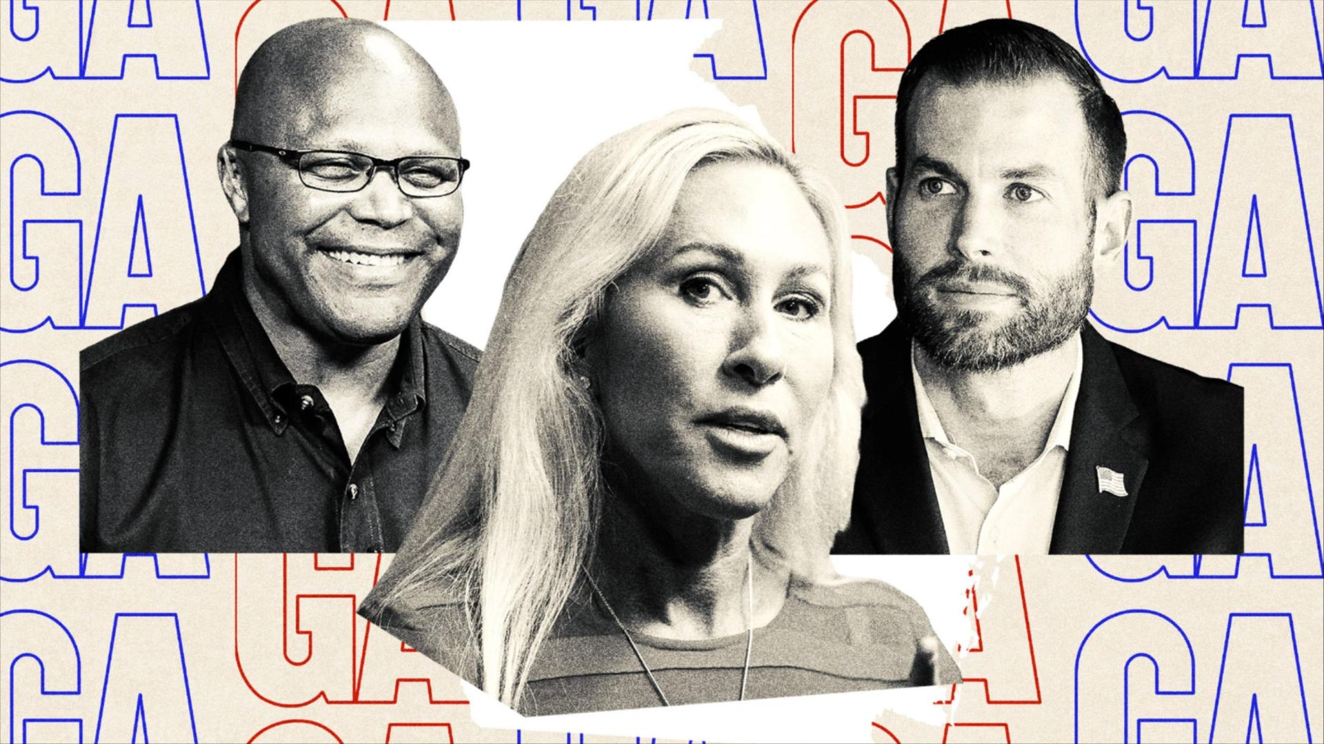 Photoillustration of Marjorie Taylor Greene in between Clay Fuller and Shawn Harris. The background is tan with stylized blue and red Georgia abbreviations.