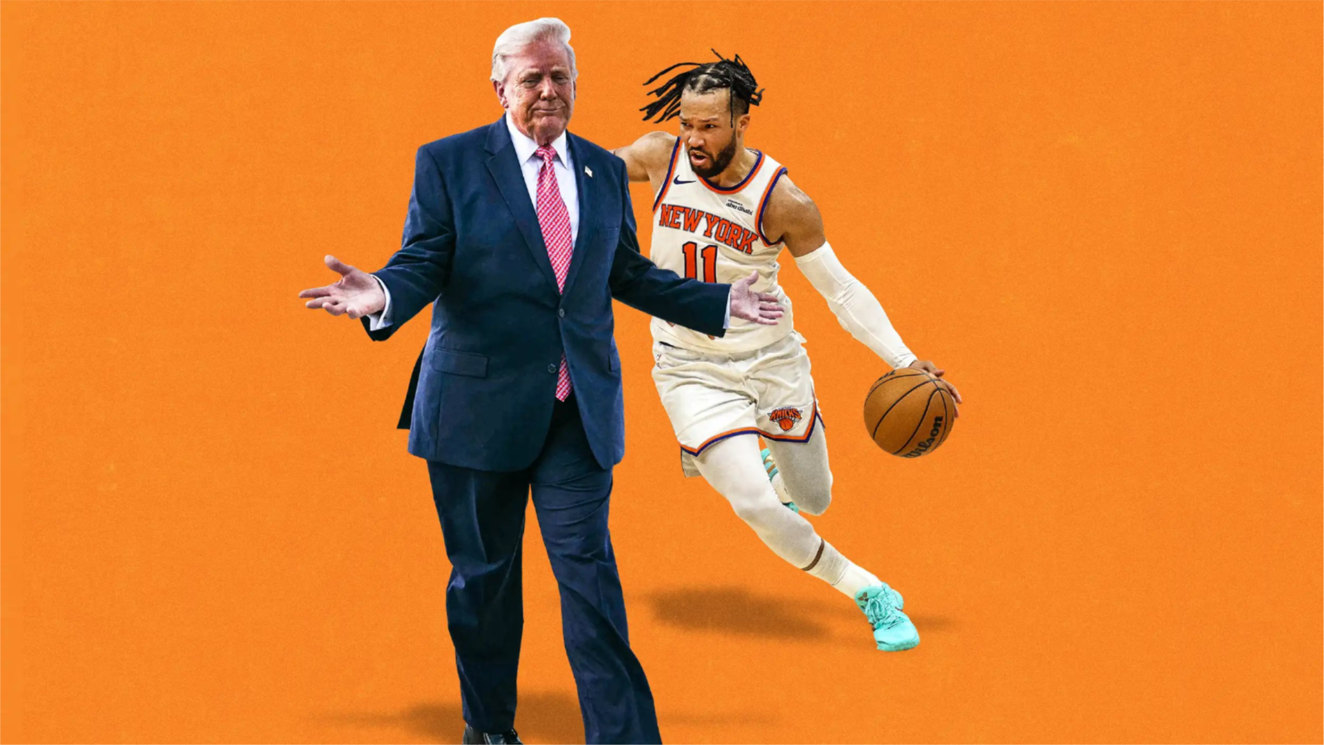 Donald Trump stands beside New York Knicks guard Jalen Brunson dribbling a basketball in an NBA Finals illustration, 2026.