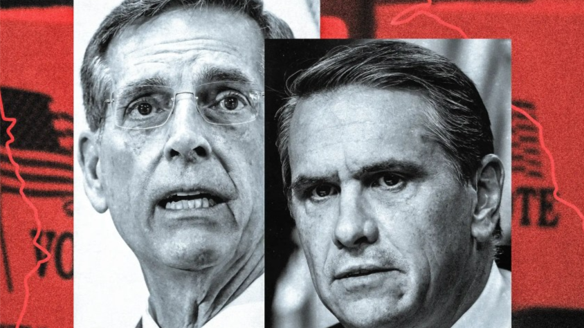 Georgia Secretary of State Brad Raffensperger and Deputy Attorney General Todd Blanche appear over a red map of Georgia