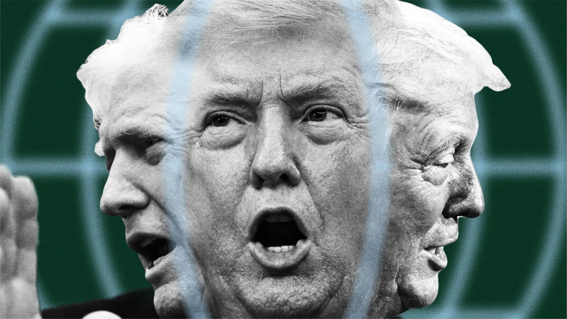 Graphic of three heads of President Donald Trump, merged together, stuck within a spinning globe.