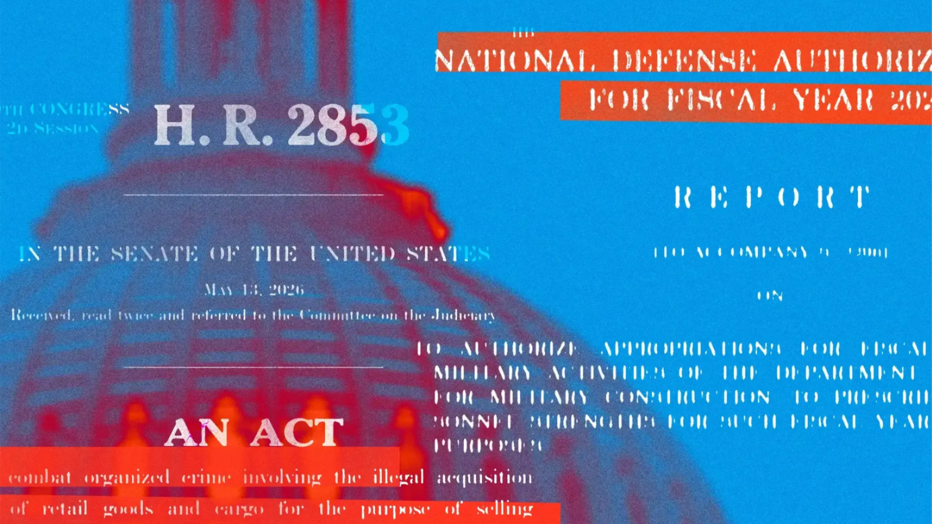 A graphic showing legislative language over a blue and orange Capitol Building