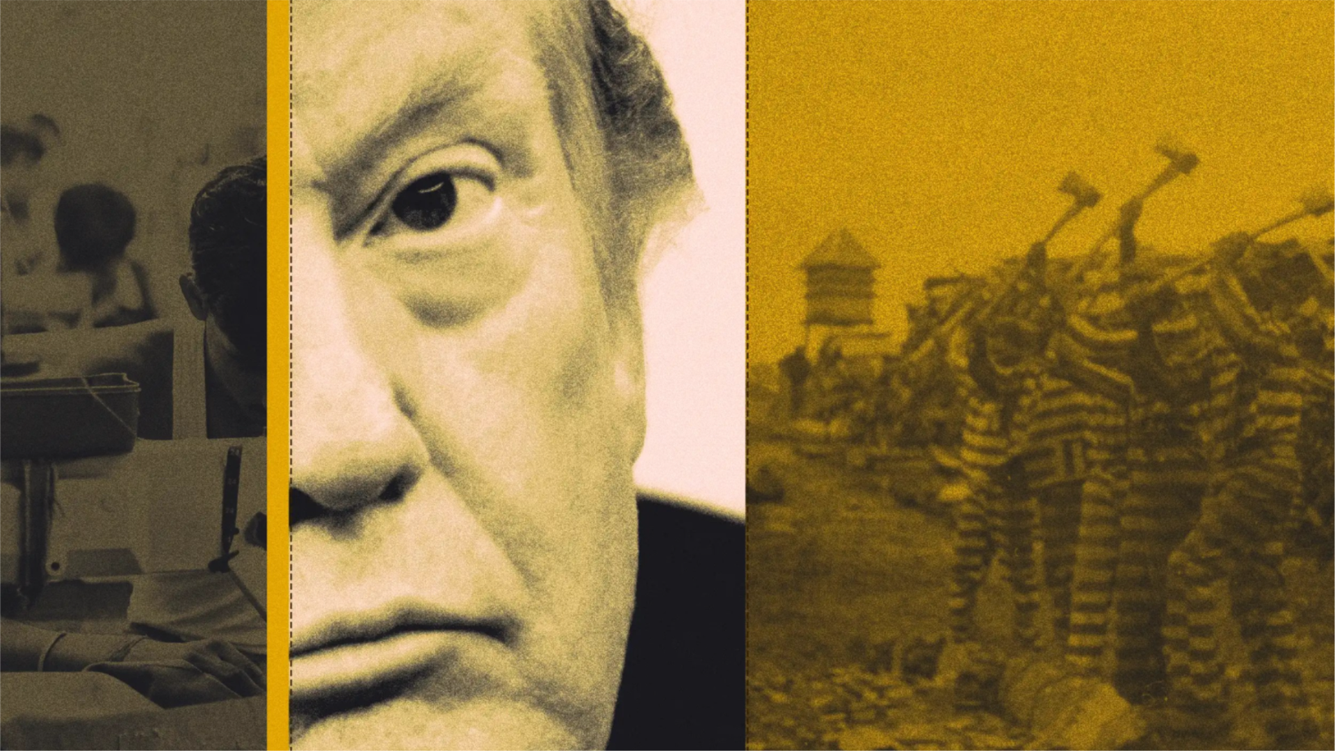 Photoillustration of Donald Trump between a sweatshop worker and a chain gang, illustrating forced labor.
