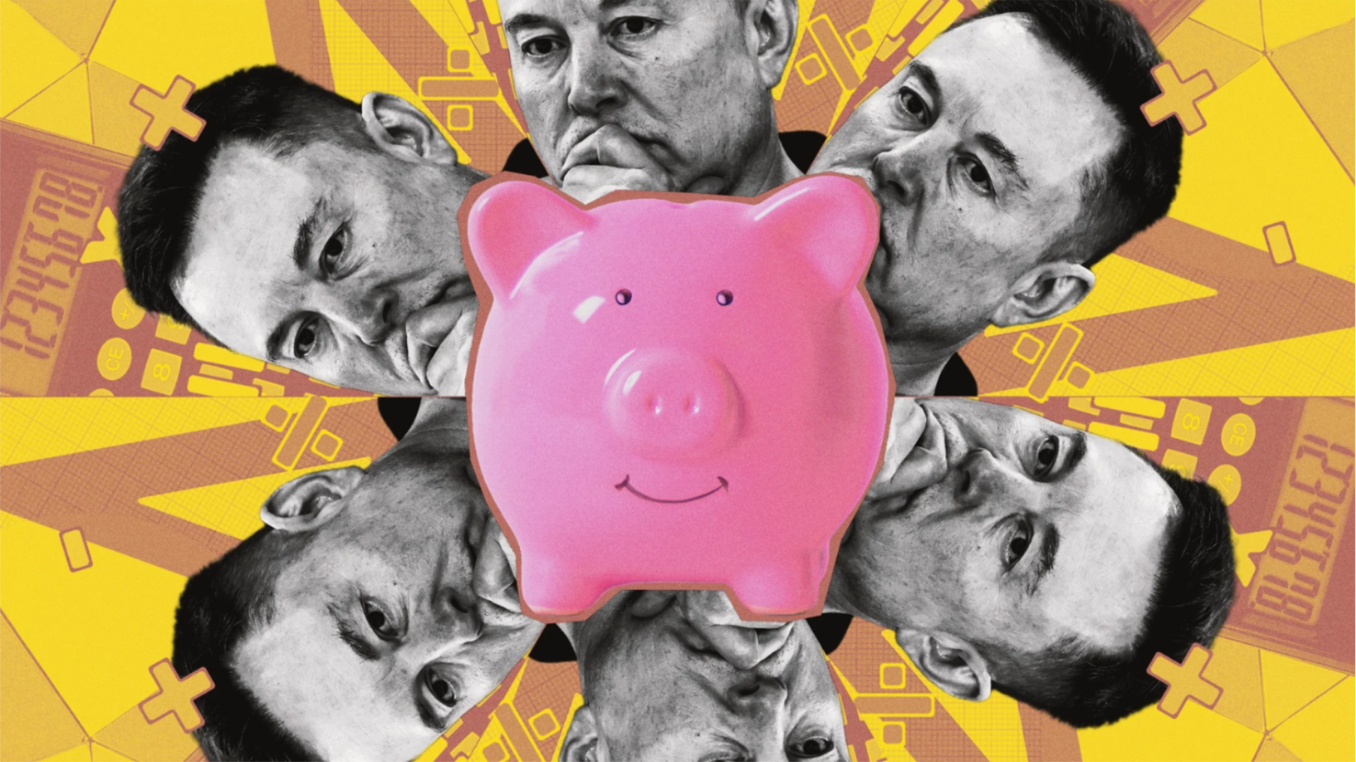Photoillustration of Elon Musk’s face repeated around a pink piggy bank against a yellow background of calculators and math symbols.
