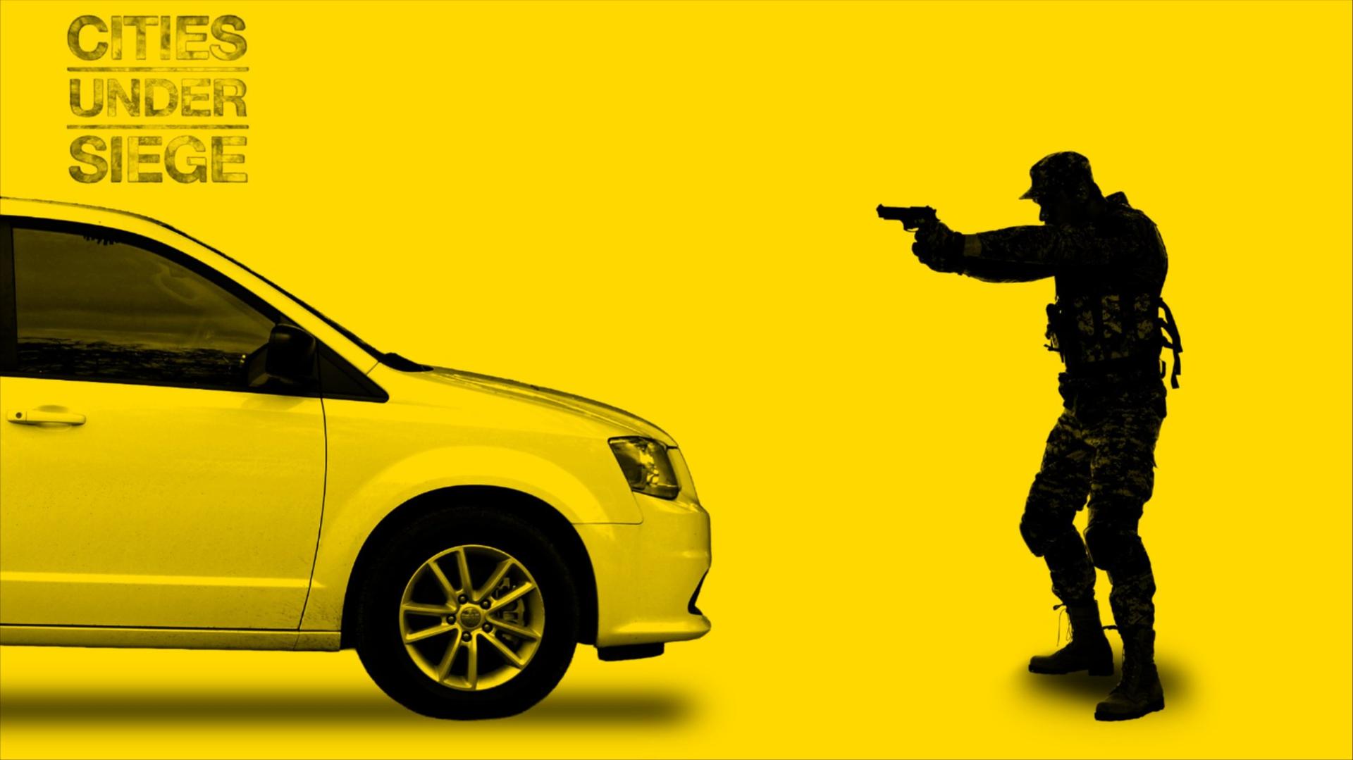 An illustration of an ICE agent pointing a gun at a vehicle against a yellow background