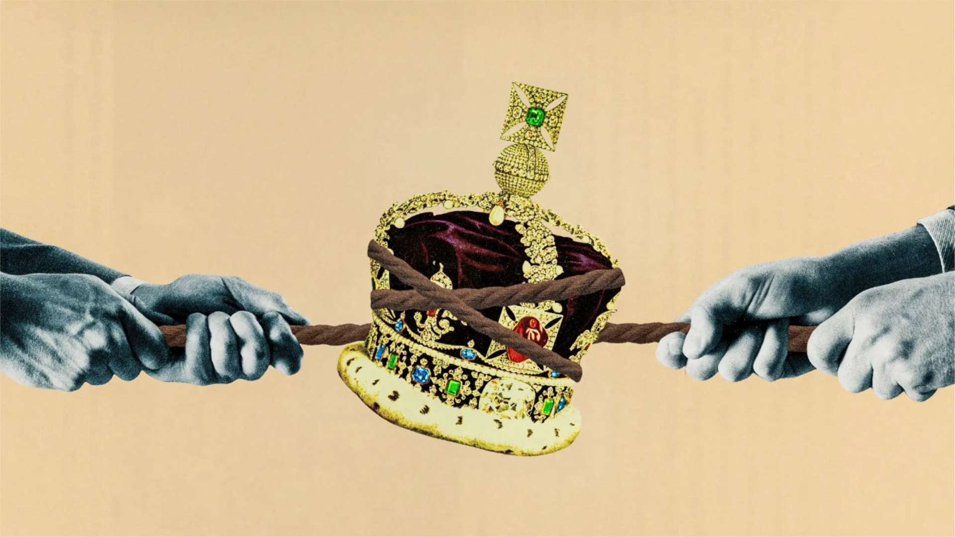 Hands pull a rope around a jeweled crown in an illustration about the No Kings protest message.