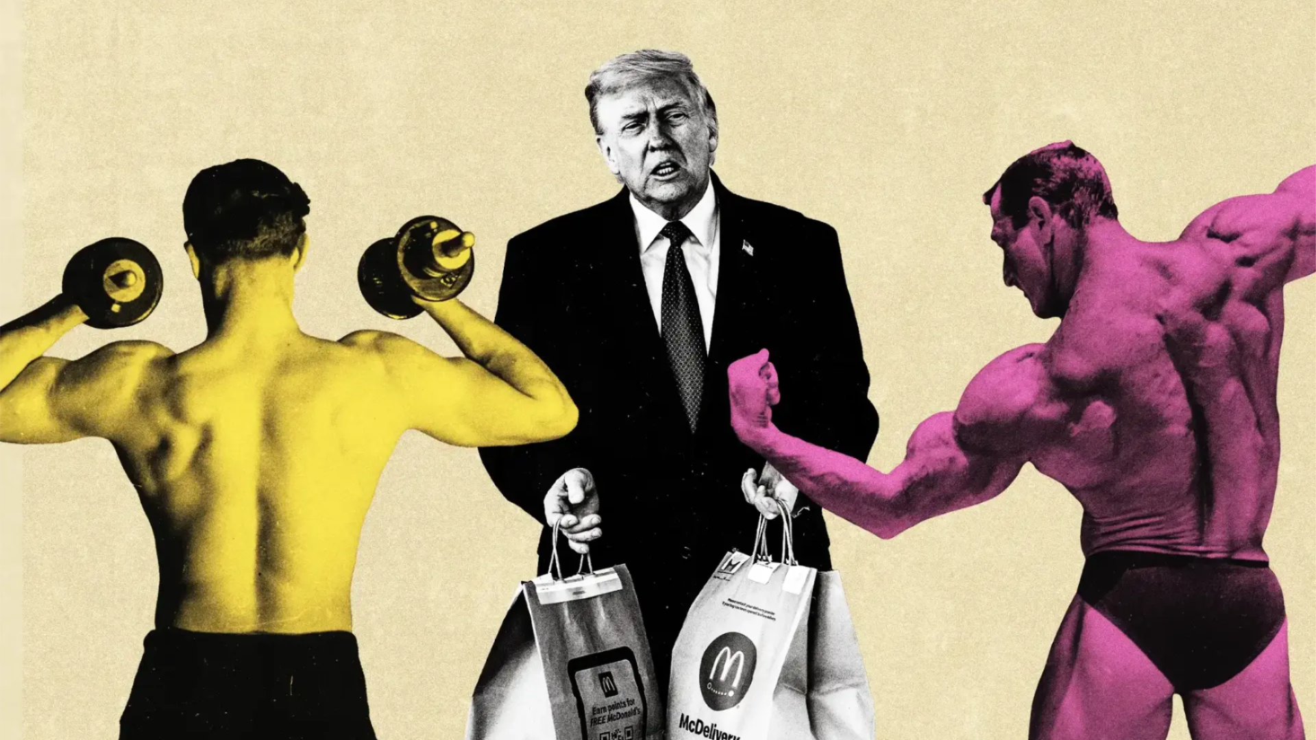 A graphic of Trump flanked by depictions of fighters